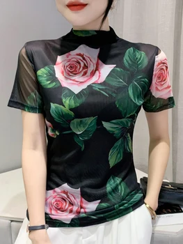 2022 Suvel Uus T-särgid Mood Print T-Särk Naiste Pool kõrge kaelusega Lühike Varrukas Top Naine Camisetas Slim korea Naine Riideid