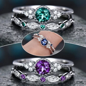 2Pcs/Set Luksus Roheline Sinine Kivi Crystal sõrmustes Naiste Hõbedast Värvi Pulmad Engagement Ansamblid Ehted ystävänpäivä Kingitused
