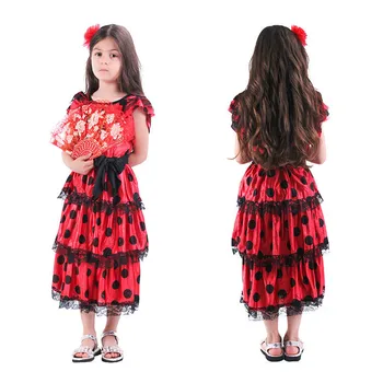 3-14 aastat suvel laste riided Tüdruk hispaania rahvuslik Kleit punane kleit + peakatet + vöö lapsed laste tüdrukute riided kleit