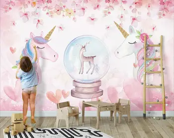 3d-foto tapeedid kohandatud seinamaaling Cartoon lilled akvarell ükssarvik laste tuba home decor tapeet, seinad 3d