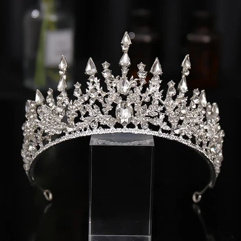 Barokk Suurepärane Rhinestone Bridal Crown Tiaras Vintage Pinnatud Hõbe Kristall Helmed Diadem Naiste Pulm Juuksed Tarvikud