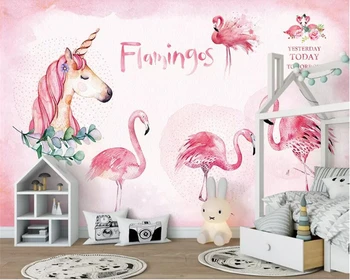 beibehang Kohandatud taustpildi 3D Cartoon Roosa flamingo ükssarvik Seina Kleebis TV taustaks seinal seinamaal Tapeet seina 3 d behang
