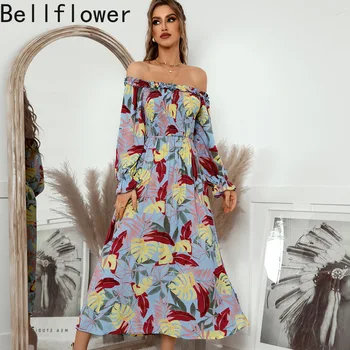 Bellflower Õie Printida Maxi Split Kleit Suvel 2022 Slash Kaela Bohemian Puhvis Varrukad Puuvillased Kleidid Naistele Vestido Elegante