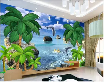 custom seinamaaling tapeet 3d Sinine taevas ja valged pilved kookospähkli puu seascape beach home decor foto Tapeet, elutoas