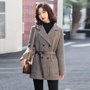 Elegantne Ruuduline Pintsak Jakk 2021 Kuulu Korea Täkiline Krae Topelt Karavan Villane Mantel Mood Office Lady Outwear