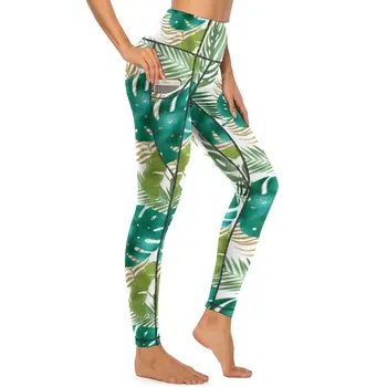 Erinevaid Metallik Värvid Jooga Püksid, Taskud Lady Roheline Palm Leaf Säärised Seksikas Kõrge Vöökoht Retro Jooga Retuusid Veniv Jõusaal Leggins