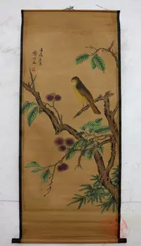 Haruldane Vana Hiina QingDyansty Leidke maali,Flower&lind,peen projekteerib,Käsitsi nikerdatud,Vana,tasuta shipping