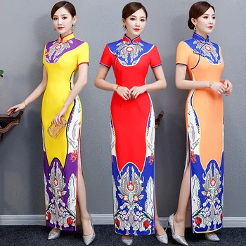 Hiina stiilis elegantne Naiste Qipao Seksikas Slim Pool Cheongsam Vintage Õhtul Kleit lühike Varrukas Pikk Rüü Retro Vestidos