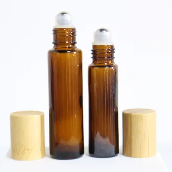 Hot Müük 100tk 10/15ml Amber Selge Ring Parfüümi Klaas Paks Rull Palli Pudel Bambuse Kaane ja Rulli Pall Sõnum Õli Viaali