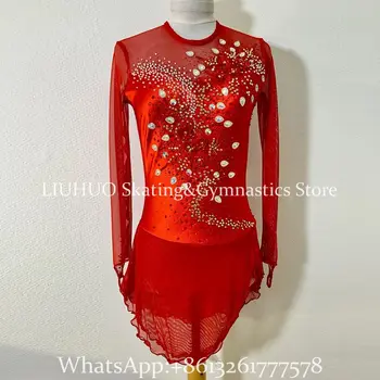 Jää Iluuisutamise Kleit Tüdrukute-Naiste Neoon Punane Pikkade Varrukatega Rütmiline Võimlemine Dancewear Käsitöö