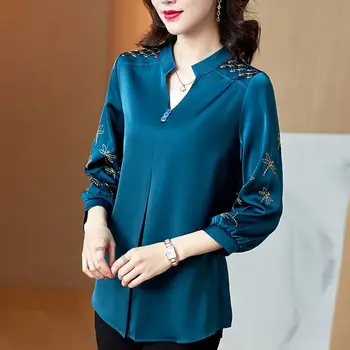 Korea Silk Naiste Pluusid, Naiste Satiin Särgid Elegantne Naine 3/4 Varrukaga Pluus Naiste V-Kaelus Särk Blusas Mujer De Moda J415
