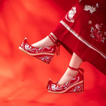 Naiste Hiina Stiilis Phoenix Tikitud Punane Riie Kingad Vana Pekingi Pearl Vana Pulm Kingad Elegantsed Kõrge Kontsaga Pits-up Saapad