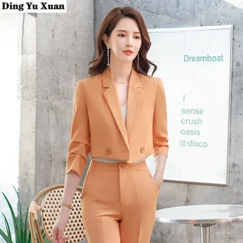 Naiste Oranž Valge Sinine Must Püksid Sobivad Naiste korea Büroo Sobib Lühike Bleiser koos Püksid 2 Töö Komplekti Jakk ja Püksid