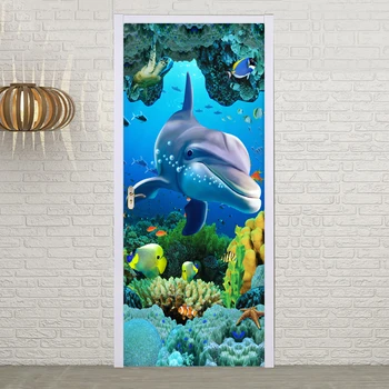 PVC plastist isekleepuvad Ukse Kleebis Veealune Dolphin Seinamaaling Tapeet, elutoas Laste Magamistoa Seina Kleebis Home Decor 3D Plakatid