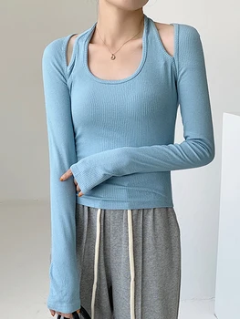 Põhilised Puuvill Tshirt Naiste Sexy Slim O Kaelus Pikk Varrukas Valge T-Särk Naiste 2022 Sügisel Uus Tops Korea Fashion Tee Särk Femme