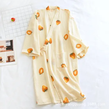 Suvel Õhuke Jaapani Kimono Puuvillane Topelt Krepp Riideid on Naiste Hommikumantel Pikk Nightgowns Väike Maasika V-kaeluse Kodu Riided