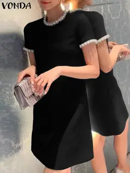 VONDA Naiste Seksikas Mini Kleit 2022 Suvel Elegantne Solid Color Pool Sundress O Kaela Puhkus Vabaaja Lühikesed Varrukad Rüü Vestido Femme